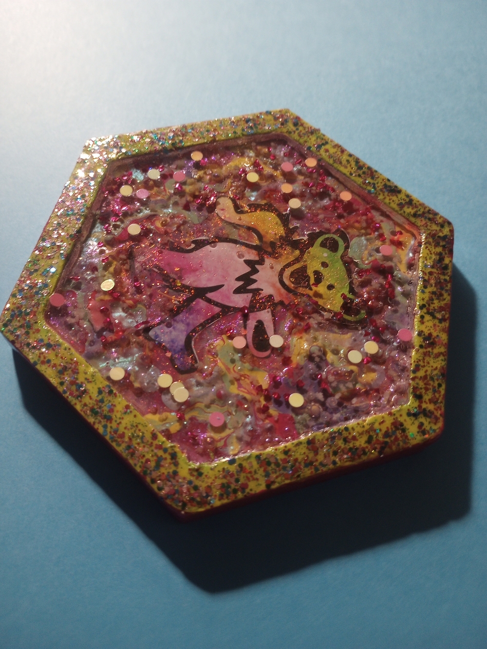 Handmade Yellow And Pink Glitter  Grateful Dead Bear Resin Coaster